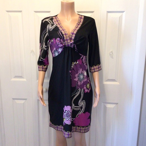 Sweet Purple & Black Floral V-neck Knee Length Sheath Dress Size 12 - Picture 1 of 7
